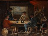 tableau représentant un groupe d'hommes assis autour d'une table en train de jouer aux cartes