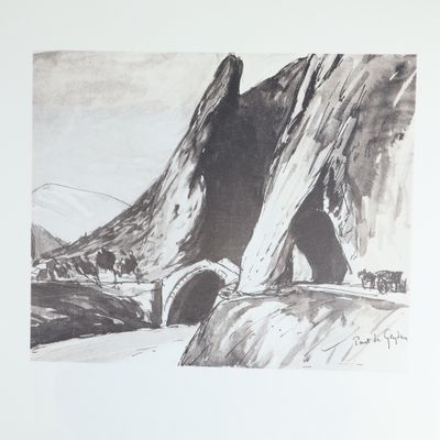 un dessin en noir et blanc représentant un tunnel dans les montagnes