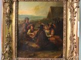 une peinture représentant un groupe de personnes assises autour d'une table