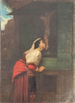 une image représentant un tableau d'une femme vêtue d'une robe rouge et blanche