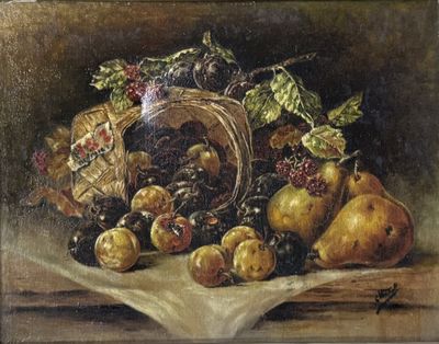 painting of a basket of fruit with grapes and pears on a table