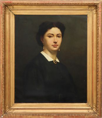 a painting of a woman in a black dress with a white collar