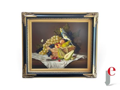 painting of a bird sitting on a basket of fruit on a table
