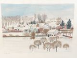 tableau représentant un village en hiver, avec des arbres et de la neige au sol