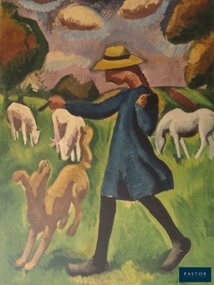 une image représentant un tableau où l'on voit un homme avec un chien et des moutons dans un champ