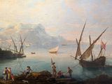 a painting of a group of people on the shore