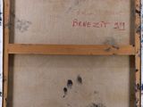 a painting of a wooden frame with writing on the bottom and bottom of it