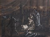 an image of a painting of a man laying on a bed in a tent