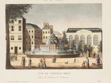 un dessin représentant une fontaine au milieu d'une cour