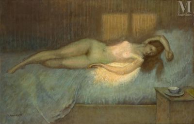 une peinture représentant une femme nue allongée sur un lit