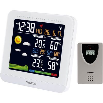 un gros plan d'une station météo équipée d'une horloge et d'une télécommande