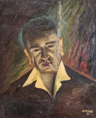 painting of a man in a black shirt with a cigarette in his mouth