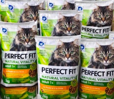 de nombreux sacs de nourriture pour chat posés sur une étagère