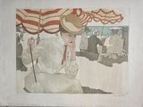 a painting of a woman sitting under an umbrella on the beach