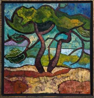 une peinture d'un arbre au milieu d'un champ