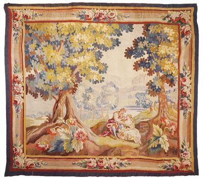 an image of a tapestry with a woman and child in a landscape