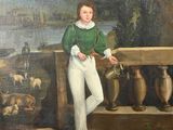 tableau représentant un garçon vêtu d'une chemise verte et d'un pantalon blanc, debout sur un balcon