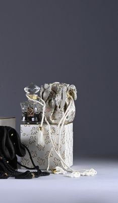 a black purse sitting on top of a box next to a pair of shoes