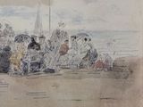 a painting of a group of people sitting on a beach