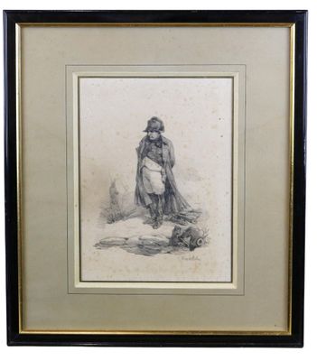 a black and white drawing of a woman with a dog