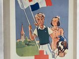 une vieille affiche représentant un homme et une femme tenant un drapeau à la croix rouge