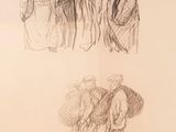 sketches of a group of people walking down a street with umbrellas