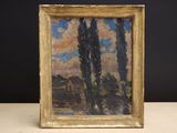 une peinture à l'huile représentant deux arbres posés sur une table, sur fond noir