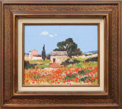 an oil painting of a field of poppies with a house in the background