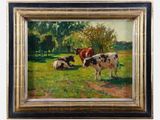 tableau représentant des vaches dans un champ, avec des arbres en arrière-plan