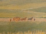 a painting of a horse drawn wagon in the middle of a field