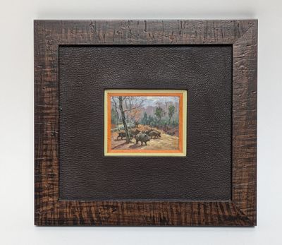 une peinture à l'huile représentant un paysage avec des arbres en arrière-plan