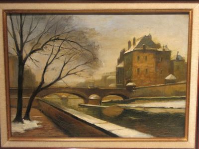painting of a winter scene with a bridge over a river