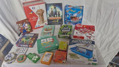 a table with a lot of games and games on it