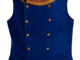 an image of a mannequin wearing a blue vest with gold buttons