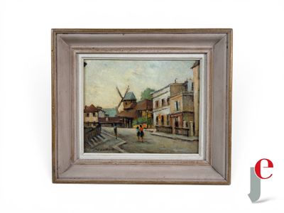une image représentant une peinture d'une scène de rue avec un moulin à vent en arrière-plan