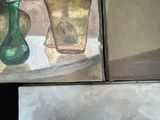 three paintings of vases and bottles on a table in front of a window