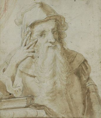 dessin représentant un vieil homme avec un livre et un chapeau, assis à une table