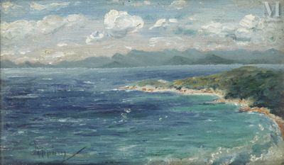 tableau représentant une vue de plage avec une montagne au loin