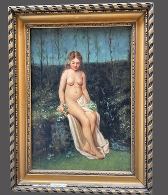 an oil painting of a nude woman sitting in a field