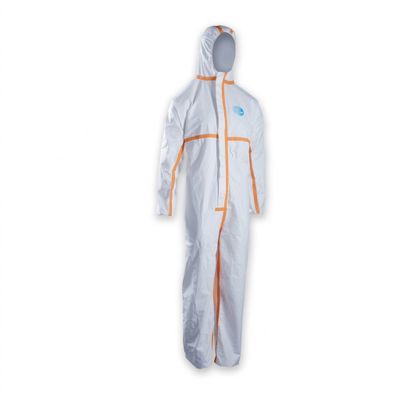 a white suit with orange trims and a hood on it