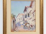 a picture of a painting of a horse and buggy on the street