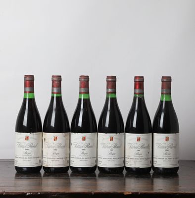 six bouteilles de vin rouge alignées sur une table en bois
