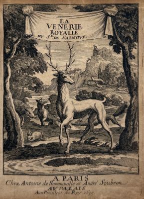 an old book with a picture of a deer and other animals