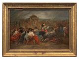 an oil painting of a group of people riding horses in a field