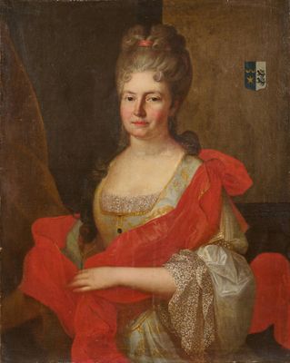 un tableau représentant une femme en robe rouge tenant un foulard rouge