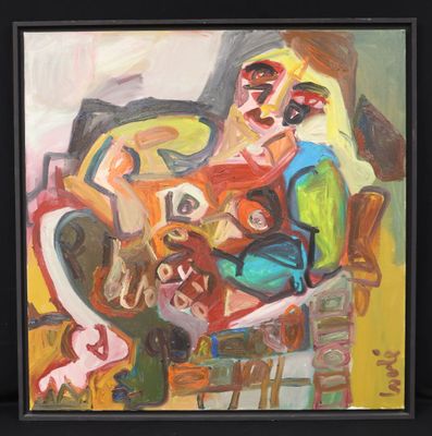 painting of a woman sitting in a chair with a dog