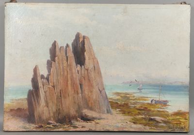 une peinture à l'huile représentant une formation rocheuse sur une plage, avec un bateau au loin