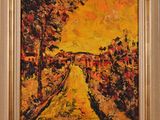 a painting of a road with trees and buildings in the background