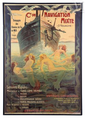 une vieille affiche représentant un navire avec des sirènes nageant dans l'eau