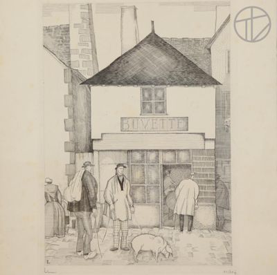 drawing of a group of men standing in front of a building